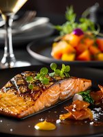 Grilled salmon fillet with caramelized glaze and microgreens garnish on dark plate, served with mango sauce and crispy prosciutto, fine dining presentation.