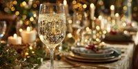 Sparkling champagne glass on elegant holiday table setting with bokeh lights and candles for festive celebration dinner.