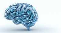 Young adult male with light skin tone, depicted as a digital illustration showing neural network patterns overlaid on brain anatomy, representing artificial intelligence, machine learning, and cognitive technology concepts.