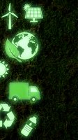 Neon glowing renewable energy icons including wind turbine, solar panel, globe, electric vehicle and recycling symbols on natural grass background for sustainability concepts.