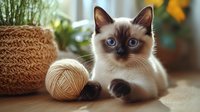 Adorable Siamese kitten with bright blue eyes lying next to yarn ball and knitted basket, creating cozy domestic atmosphere for pet and craft themes.