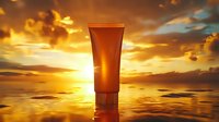 Cosmetic tube against dramatic sunset sky reflected in water surface. Golden sunlight illuminates orange product packaging in minimalist luxury composition.
