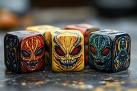 Colorful gaming dice with alien skull designs on dark background, featuring detailed monster faces in orange, yellow, and blue tones. Custom tabletop accessories.