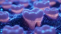 Glowing tooth shapes with digital network connections on dark background, dental technology concept visualization with blue light effects and particles.