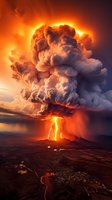Dramatic volcanic eruption with lightning strike illuminating massive ash cloud and smoke plume against orange sunset sky, aerial view of lava flows near populated area.