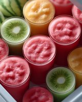 Fresh fruit smoothies in glasses with kiwi, orange and watermelon flavors, topped with natural foam creating a vibrant colorful arrangement for healthy drink menu.