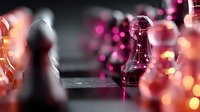 Chess pieces on dark background with magical pink and orange bokeh lights creating dreamy atmosphere, selective focus on glass bishop piece.