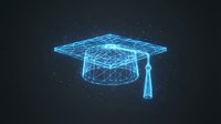 Glowing blue wireframe graduation cap with tassel on dark background, representing digital education, online learning, and academic achievement for educational technology designs.