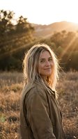 Young Caucasian woman with blonde hair smiling outdoors at golden hour, warm sunlight glowing behind her in a dry meadow landscape.