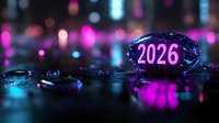 Glowing number 2026 on dark reflective surface with vibrant pink and blue bokeh lights creating futuristic atmosphere. Selective focus on illuminated digits.