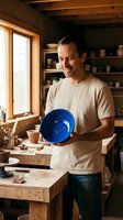 Middle-aged male artisan, Caucasian ethnicity, wearing casual beige t-shirt and jeans, displaying handcrafted blue ceramic bowl in rustic pottery studio workshop with wooden workbench, shelving, and natural light from window.