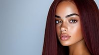 Young mixed-race woman with long straight brown hair and natural makeup looking at camera against gray background for beauty and skincare concepts.