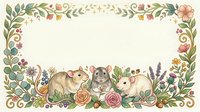 Adorable woodland animals including rabbits and squirrels surrounded by floral border with roses, leaves and berries on cream background for greeting cards.