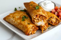 Crispy chicken chimichangas filled with shredded meat and melted cheese, garnished with fresh herbs, served with sour cream and pico de gallo on white plate.