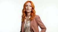 Professional redhead businesswoman in elegant blazer and blouse against neutral background for corporate marketing and workplace diversity campaigns.