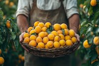 African American farmer holding woven basket full of fresh picked oranges in citrus grove, wearing brown apron and rolled up sleeves, sustainable agriculture.