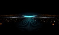 Futuristic glowing horizon line with parallel light beams and particles creating depth perspective against dark background, modern sci-fi landscape atmosphere.