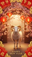 White goat with curved horns standing in ornate gateway decorated with pink cherry blossoms, red lanterns, and golden coins against warm backdrop. Lunar New Year celebration greeting card artwork.