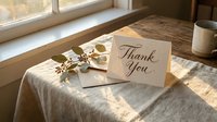 Elegant thank you card with calligraphy script on a rustic wooden table, soft natural light, envelope and greenery beside a ceramic mug.