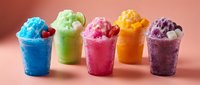 Colorful shaved ice cups in blue, green, pink, orange, and purple flavors topped with berries on coral background. Frozen dessert for summer refreshment.
