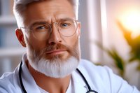 Confident mature male doctor with white beard and glasses wearing stethoscope in medical office. Professional healthcare portrait with warm lighting.