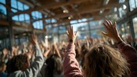 Diverse group of people raising hands in modern conference hall during business seminar or workshop event with natural lighting and glass architecture.