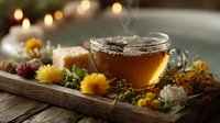 Steaming herbal tea in glass mug surrounded by fresh dandelion flowers, chamomile and dried herbs on rustic wooden tray with warm candlelight creating cozy atmosphere.
