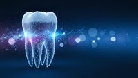 Digital tooth with glowing particles and network connections on blue background for dental technology and healthcare innovation concepts.