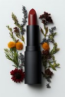 Matte black lipstick tube with dark red color surrounded by dried flowers and herbs on white background, creating elegant cosmetic flatlay composition.
