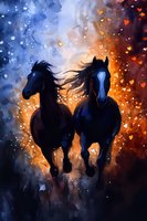 Galloping black horses silhouetted against dramatic sky with glowing orange and blue colors, flowing manes catching wind amid magical heart bokeh effects.