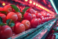 Fresh red tomatoes with water drops and green leaves arranged in grocery store display under vibrant lighting, closeup view showing produce freshness and quality.