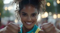 Young African American woman with curly hair and bright smile wearing turquoise and yellow sportswear showing fists in victory gesture against blurred bokeh background.