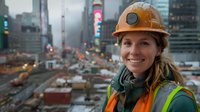 Young Caucasian female construction worker in safety gear smiling at construction site during dusk, wearing hard hat and high visibility vest against urban cityscape background.