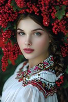 Young woman with green eyes and braided hair surrounded by vibrant red berries, wearing traditional embroidered folk costume. Perfect for seasonal fashion or cultural themes.
