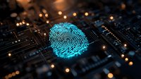 Glowing blue fingerprint on dark circuit board with bokeh light effects, representing digital security and biometric authentication technology.