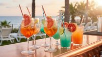 Colorful tropical cocktails with fresh fruit garnishes on beachside table during golden hour sunset. Summer vacation drinks for poolside relaxation.