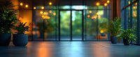 Modern office entrance hall with glass doors, decorative string lights and potted plants creating warm evening ambiance. Suitable for business and interior design projects.