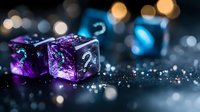 Purple and blue translucent gaming dice with glowing numbers on dark background with bokeh lights and sparkles, creating magical atmosphere for tabletop gaming.