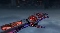 Futuristic cybernetic robotic arm with glowing red energy circuits and mechanical joints against dark background for sci-fi technology concepts.