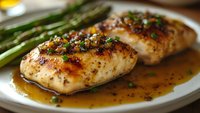 Juicy grilled chicken breasts in garlic butter sauce with fresh herbs and asparagus spears on white plate, close up view of gourmet dinner preparation.