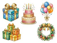 Colorful gift boxes with gold ribbons, birthday cake with candles, balloons, festive wreath and presents isolated on white background for party design, greeting cards and celebration graphics.
