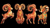 Four ornate rams with golden swirl patterns in red and orange tones, isolated on transparent background, ready for clipart, stickers, t-shirt design, and print on demand use.