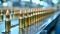 Ammunition rounds lined up in production, brass cartridges with copper tips against blurred blue background showing manufacturing precision and quality control.