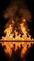 Dramatic fire flames with sparks erupting upward against dark background with reflection below for energy and power concepts.