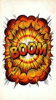 Comic book explosion with boom text in retro pop art style featuring orange and yellow burst effects on vintage textured paper background for graphic design projects.