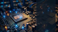 Computer processor chip with SEO text on circuit board with glowing blue lights and electronic components for technology and digital marketing concepts.