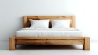 Minimalist wooden bed frame with white bedding on neutral background, showcasing natural wood grain and clean lines for modern bedroom interior design.
