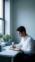 Man in white shirt writing in notebook at desk by window with potted plants, suitable for business, productivity, and workspace concepts.