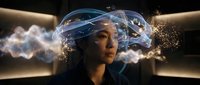 Young Asian woman with futuristic transparent brain helmet displaying neural networks and digital data streams in high-tech laboratory setting.