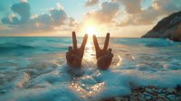 Peace signs emerging from turquoise ocean water against golden sunset sky with clouds, creating playful summer vibes and positive mood for social media content.